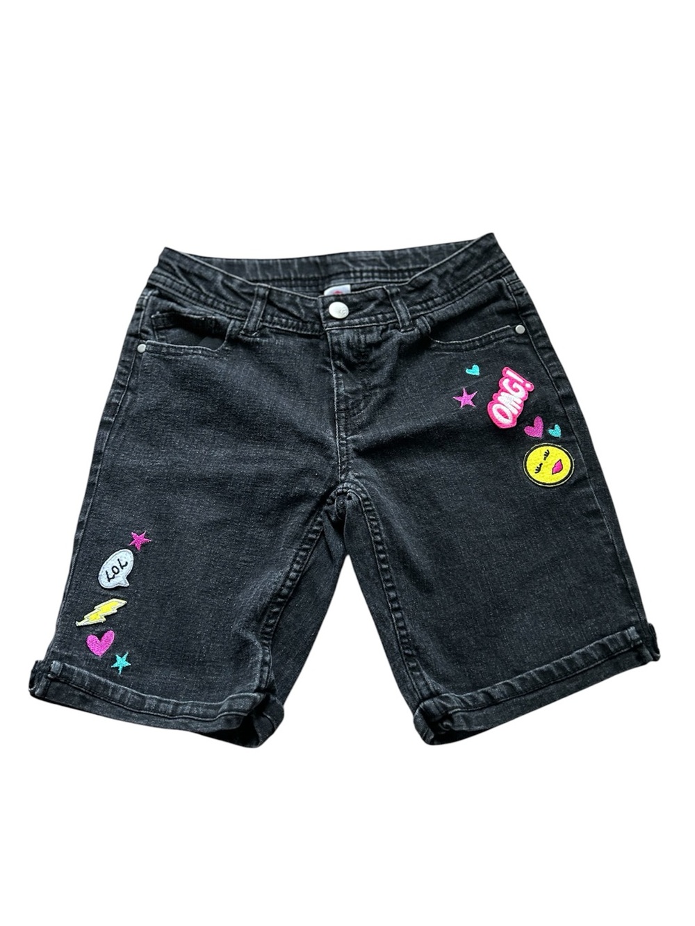 🆕total girl Black Denim Shorts with Pink & Yellow Patches